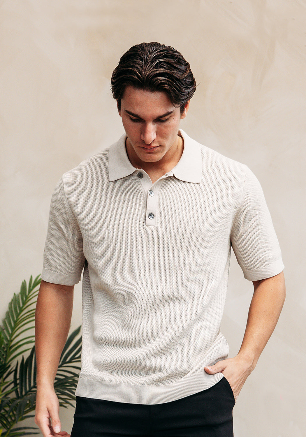 Cotton District CROCHET POLO BEIGE