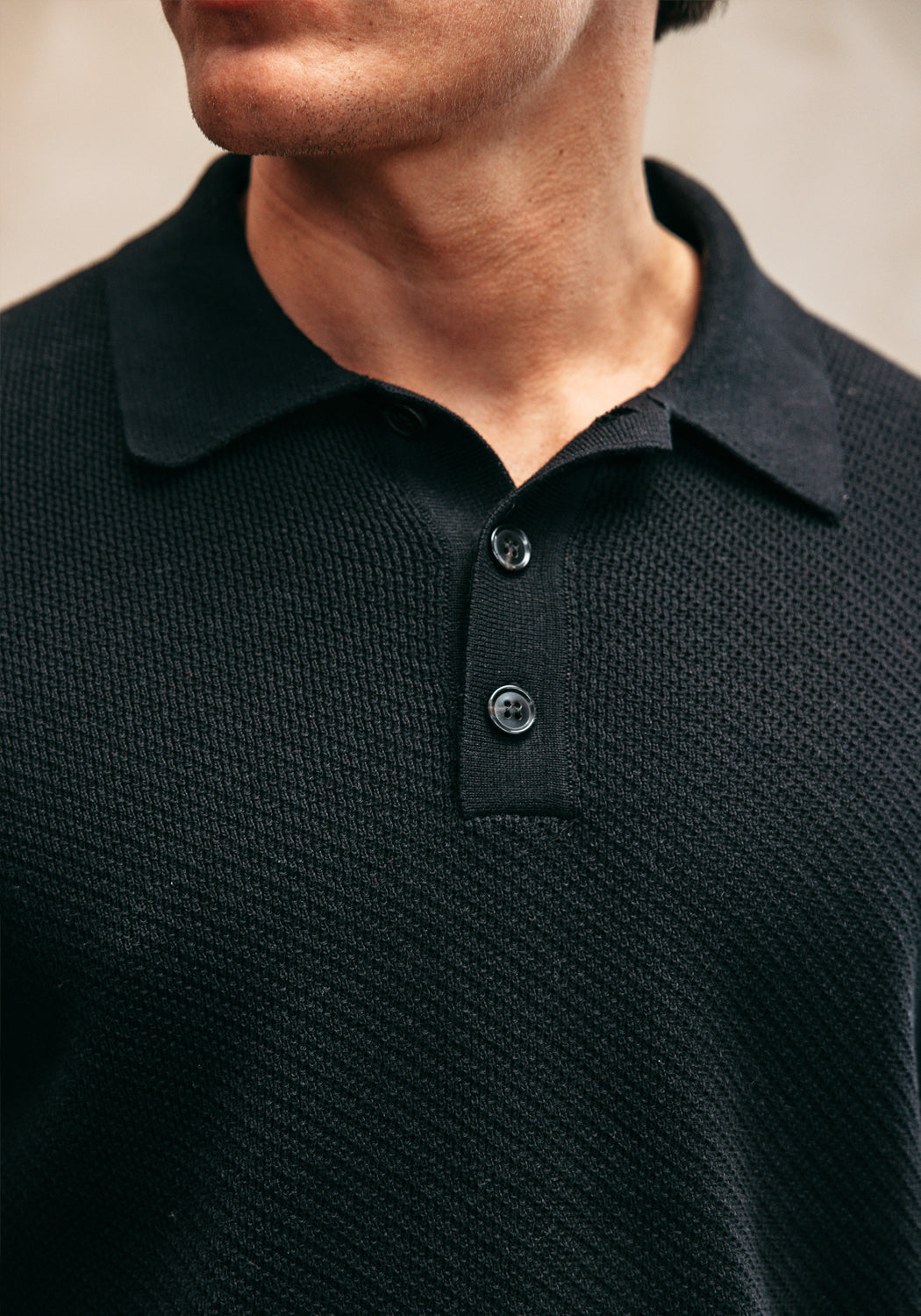 Cotton District CROCHET POLO BLACK