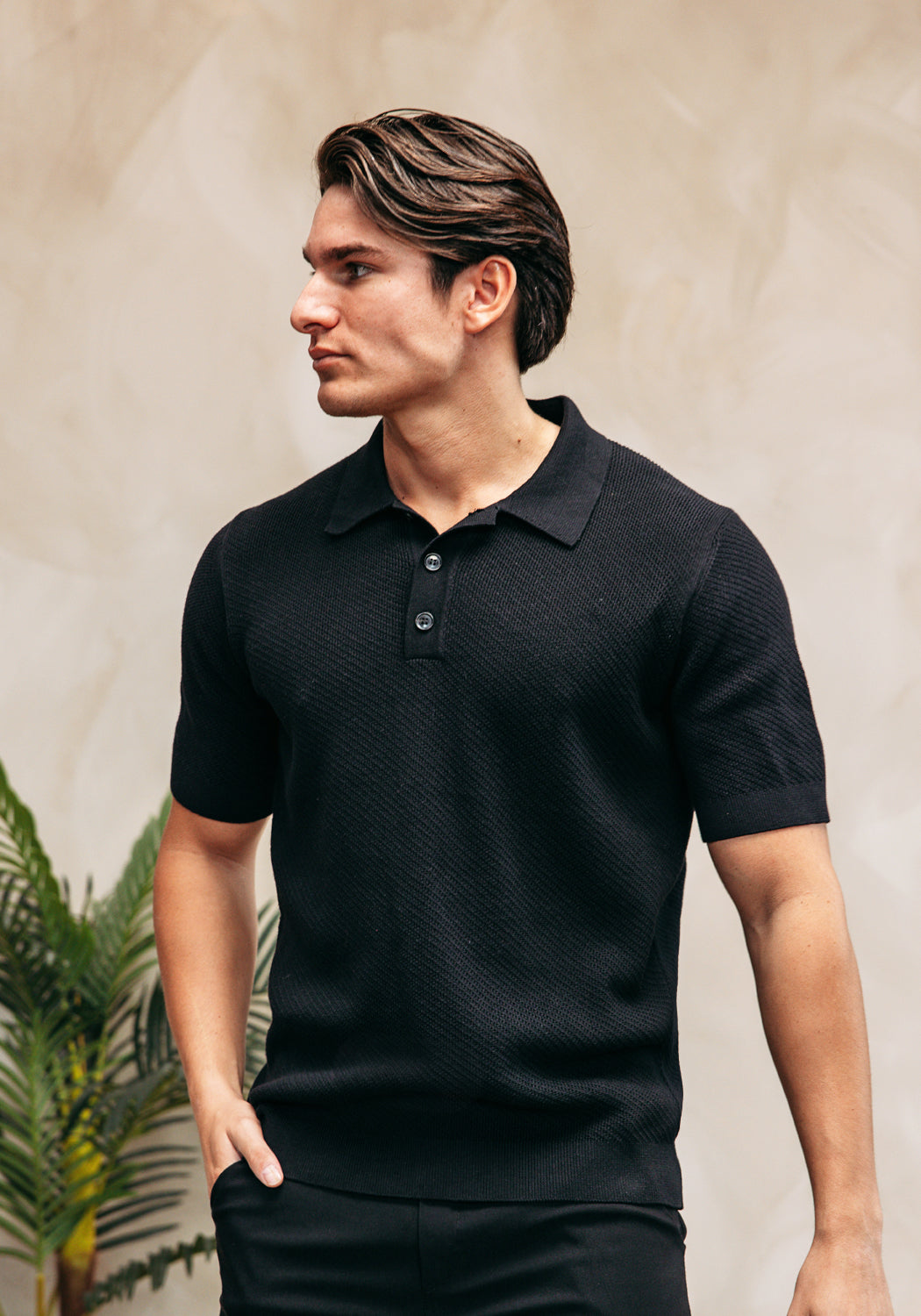 Cotton District CROCHET POLO BLACK