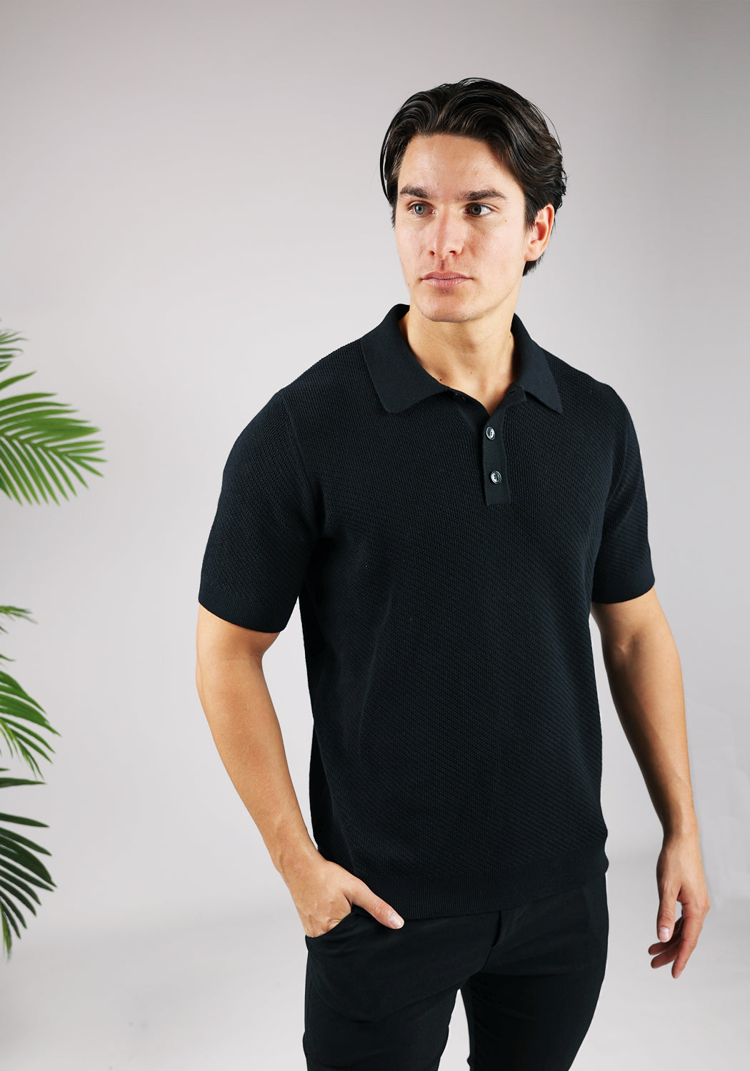 Cotton District CROCHET POLO BLACK