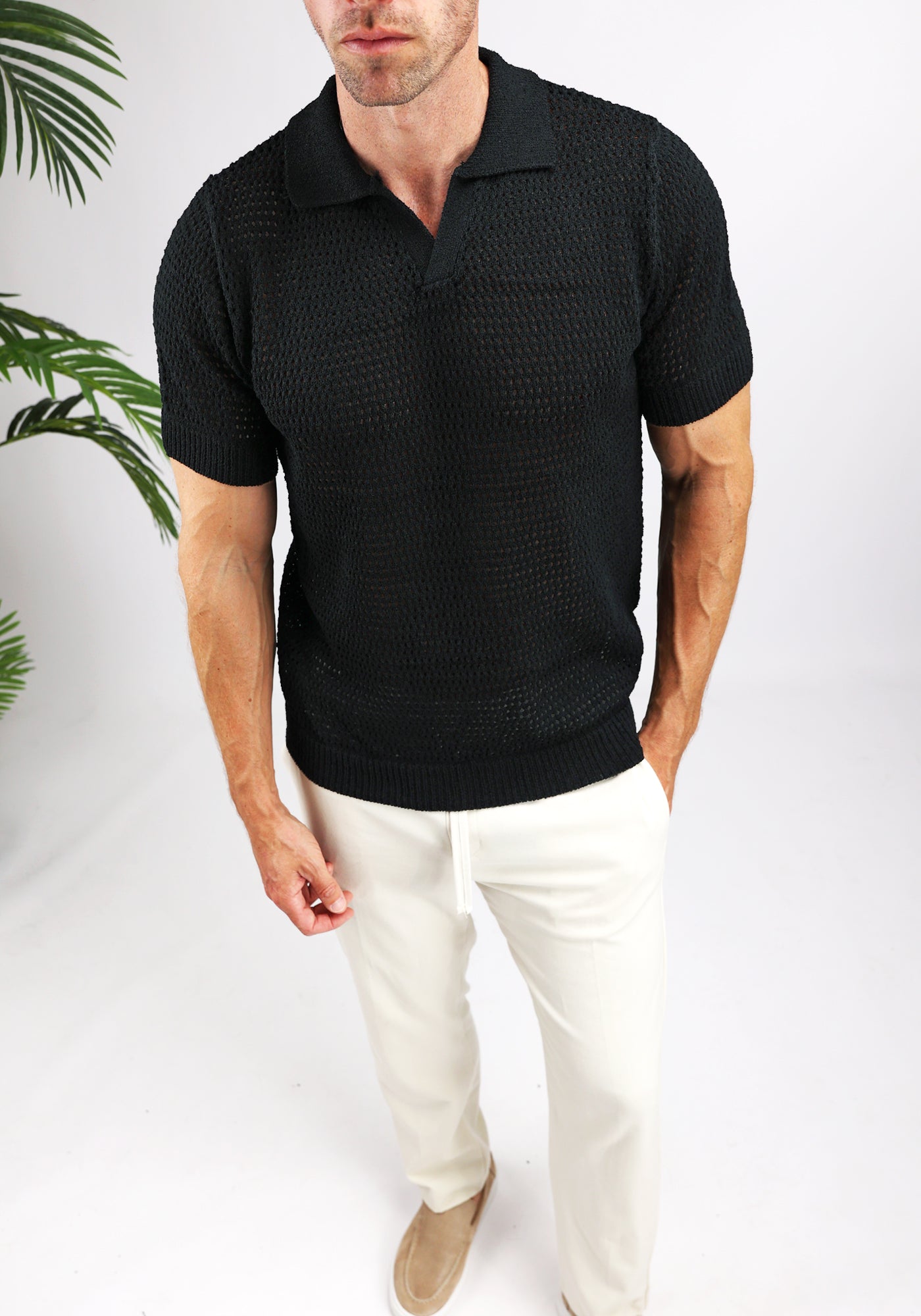 Cotton District HEAVY KNIT POLO T-Shirts BLACK