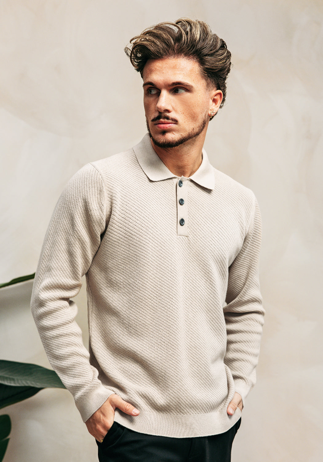 Cotton District LONGSLEEVE KNIT POLO BEIGE