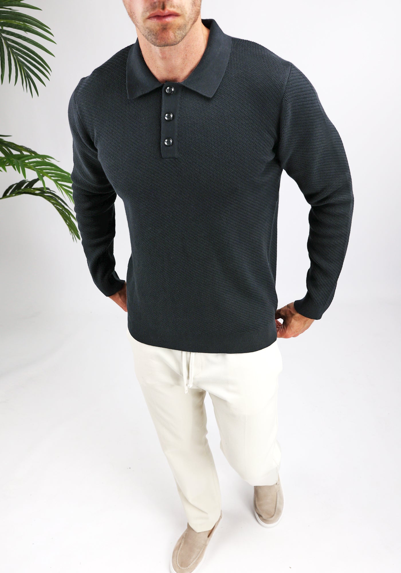 Cotton District LONGSLEEVE KNIT POLO BLACK