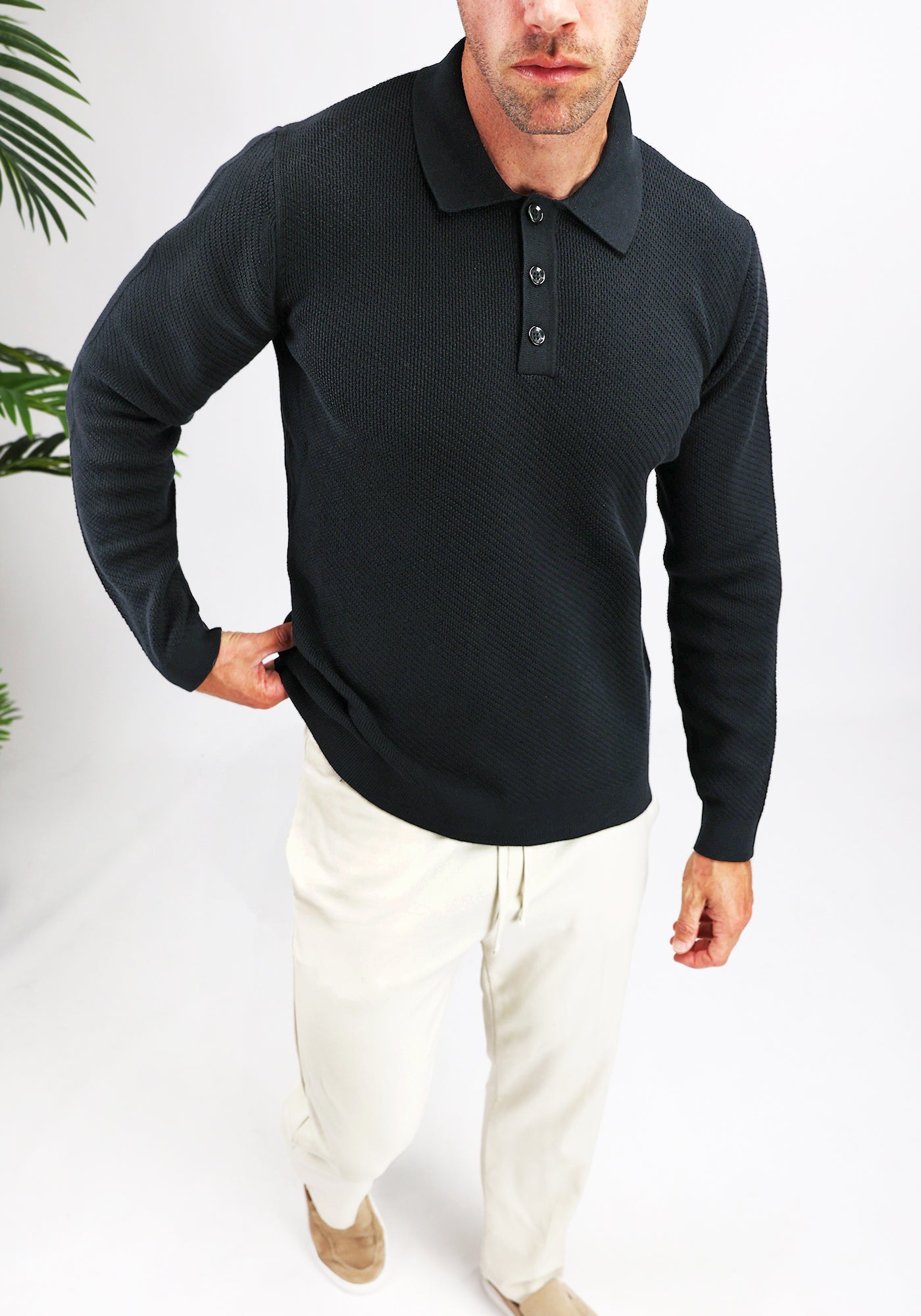 Cotton District LONGSLEEVE KNIT POLO BLACK