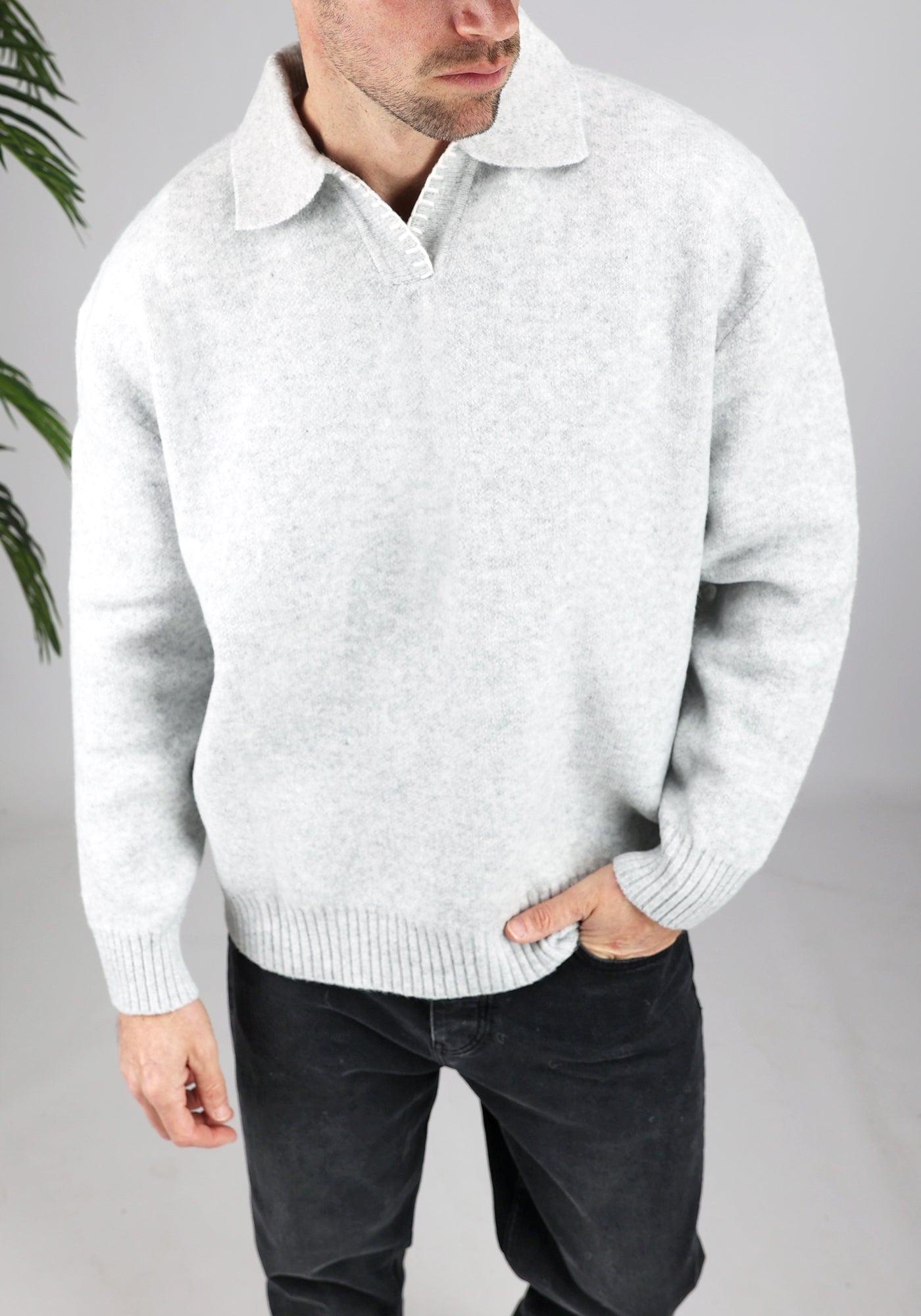 Cotton District LONGSLEEVE WOOL POLO GREY