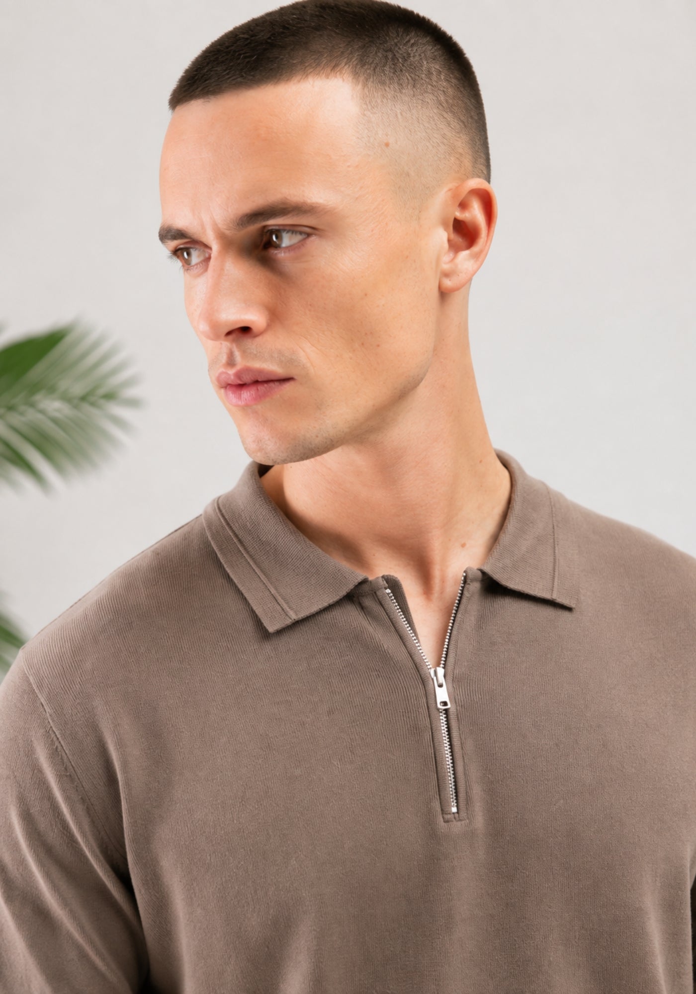 Cotton District MALELIONS MEN KNITTED ZIP POLO Polo's SAGE BROWN