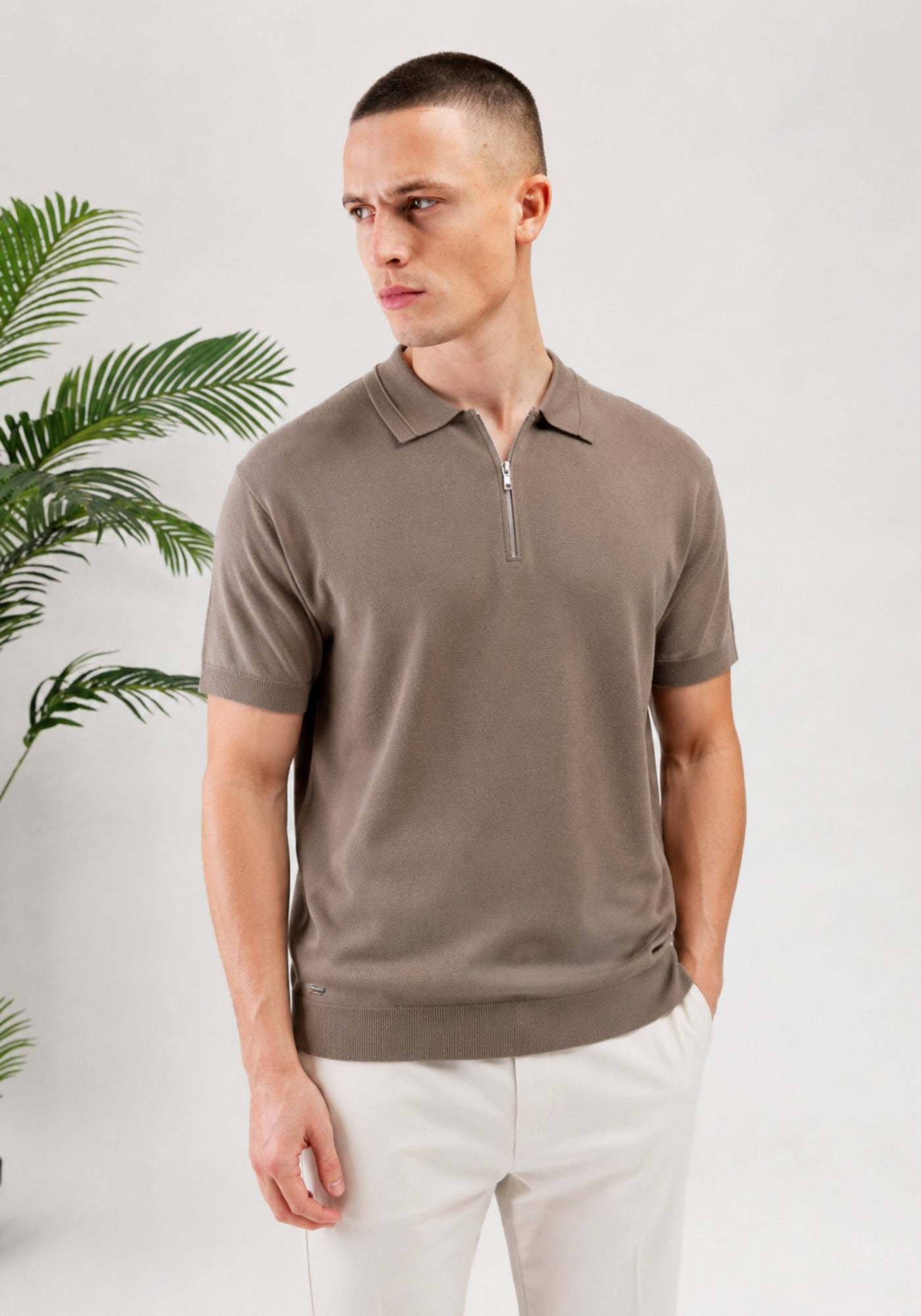 Cotton District MALELIONS MEN KNITTED ZIP POLO Polo's SAGE BROWN