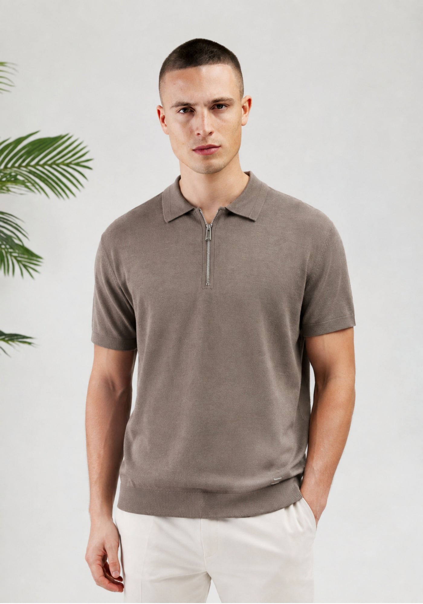 Cotton District MALELIONS MEN KNITTED ZIP POLO Polo's SAGE BROWN