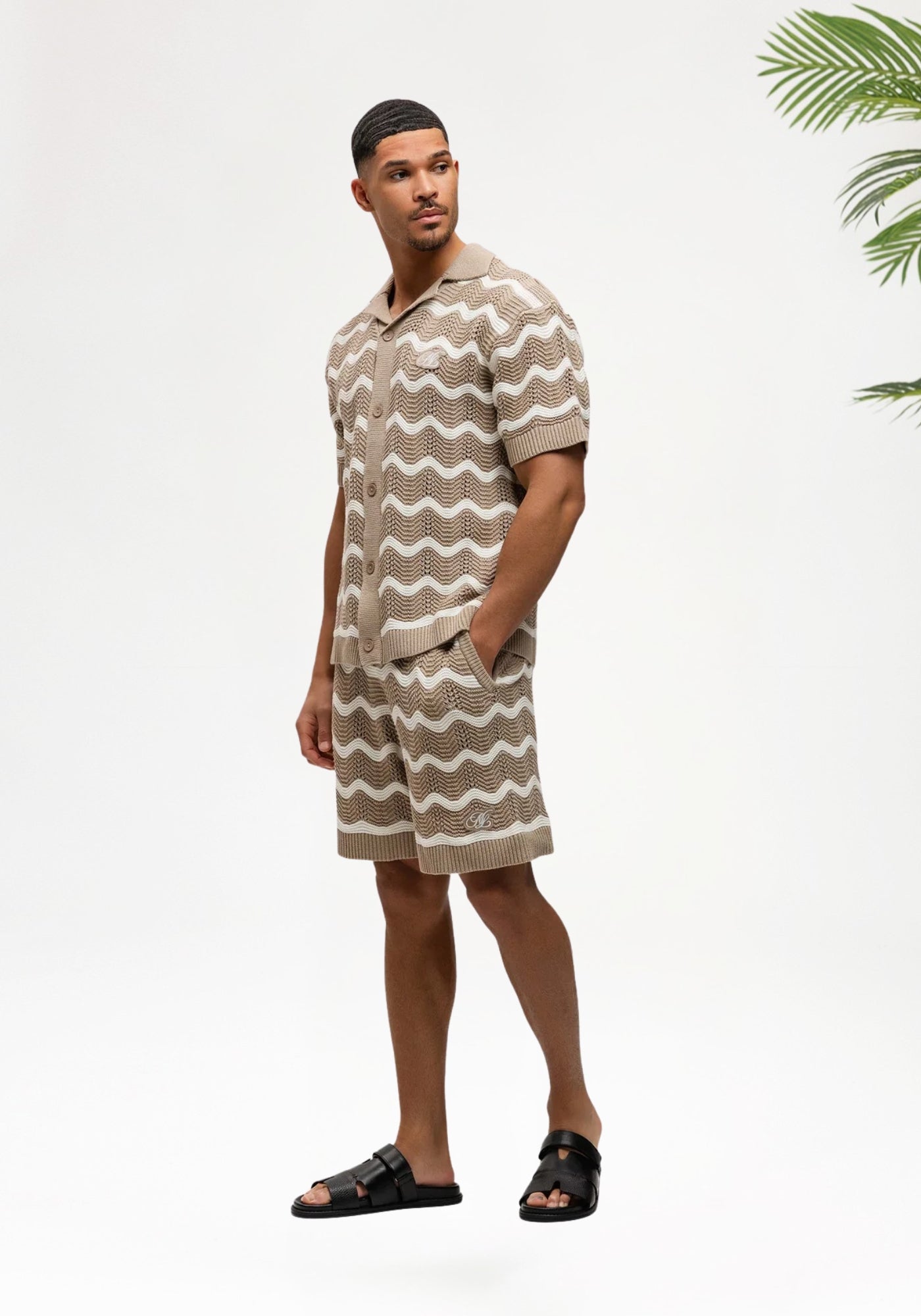 Cotton District Malelions Men Wavey Crochet Knitted Shirt T-Shirts TAUPE