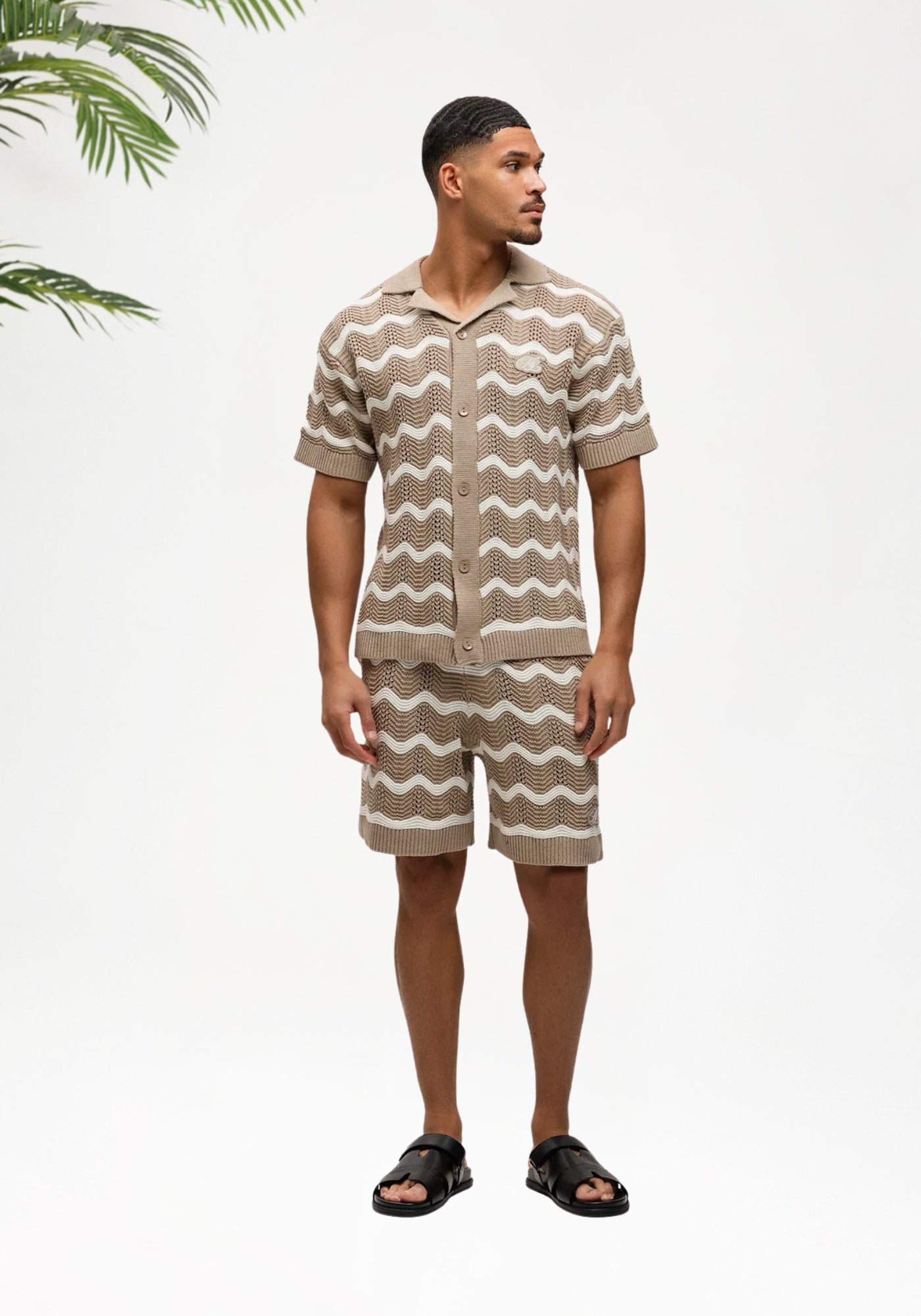 Cotton District Malelions Men Wavey Crochet Knitted Shirt T-Shirts TAUPE