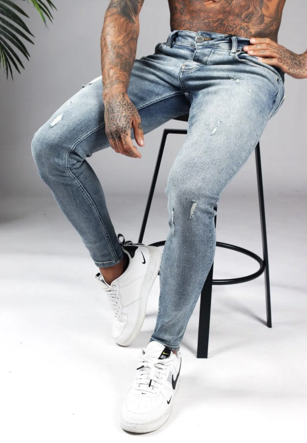 Cotton District TAPERED FIT JEANS MID BLUE RIPPED