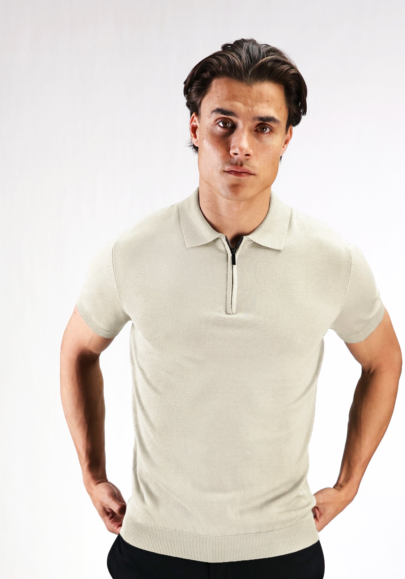 Cotton District ZIP POLO T-Shirts BEIGE