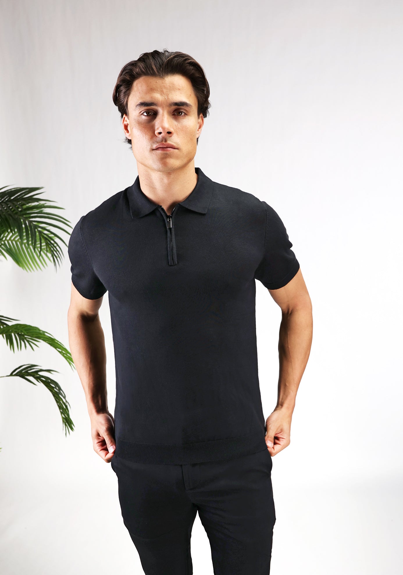 Cotton District ZIP POLO T-Shirts BLACK