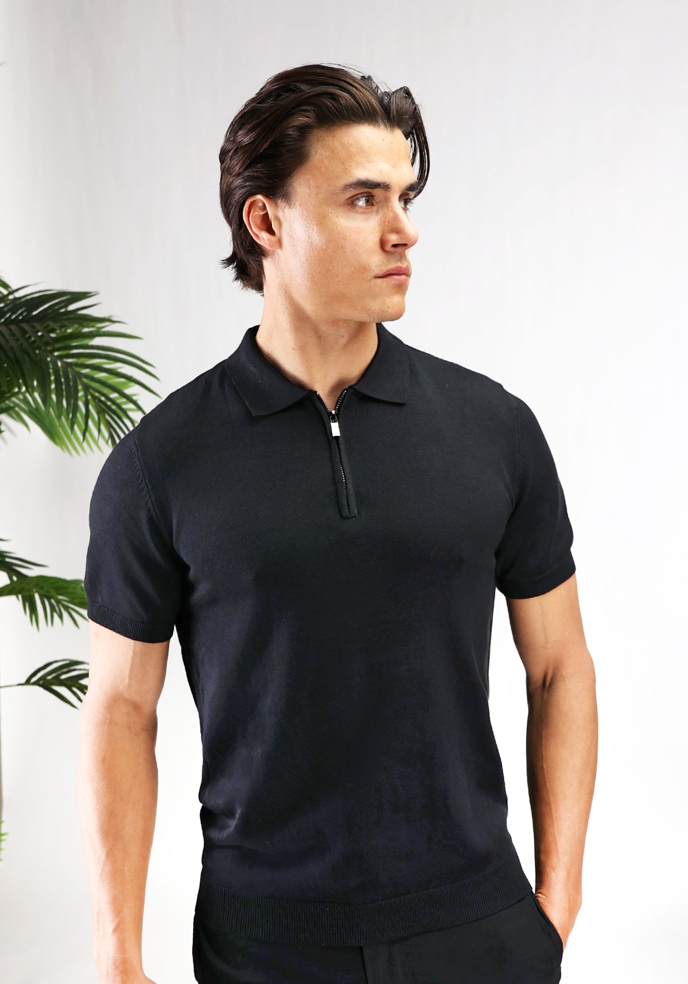 Cotton District ZIP POLO T-Shirts BLACK