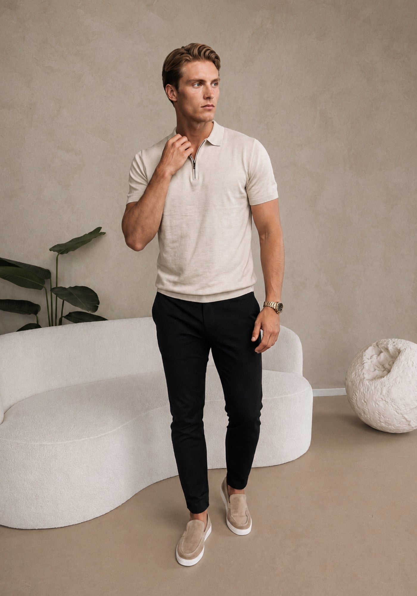 Cotton District ZIP POLO T-Shirts BEIGE MELANGE