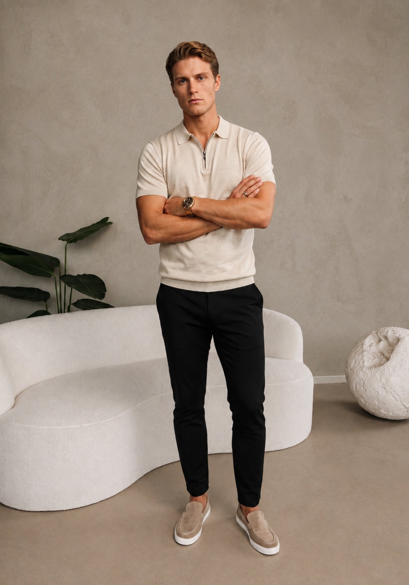 Cotton District ZIP POLO T-Shirts BEIGE MELANGE