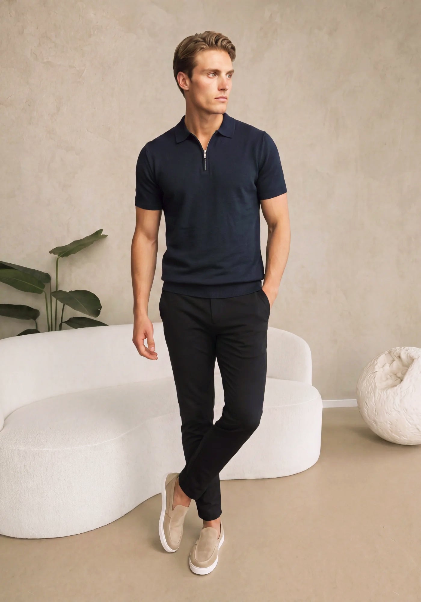 Cotton District ZIP POLO T-Shirts NAVY