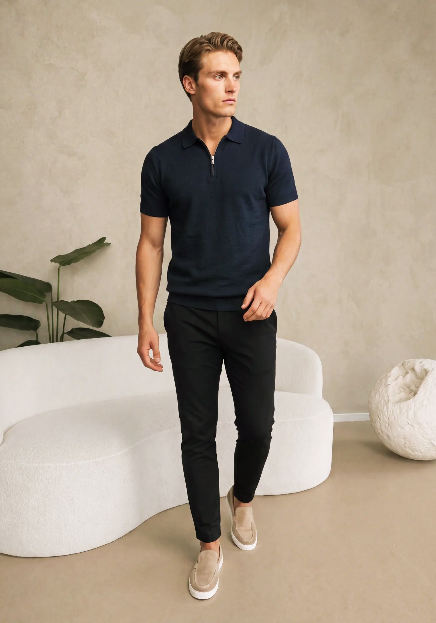 Cotton District ZIP POLO T-Shirts NAVY