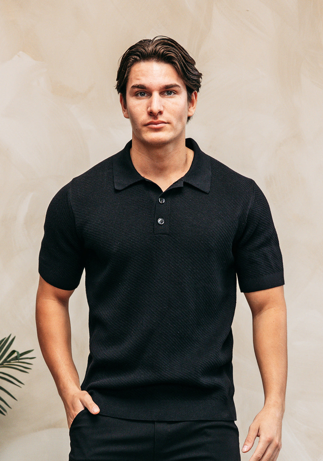 Cotton District CROCHET POLO  BLACK