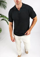 Cotton District HEAVY KNIT POLO T-Shirts BLACK