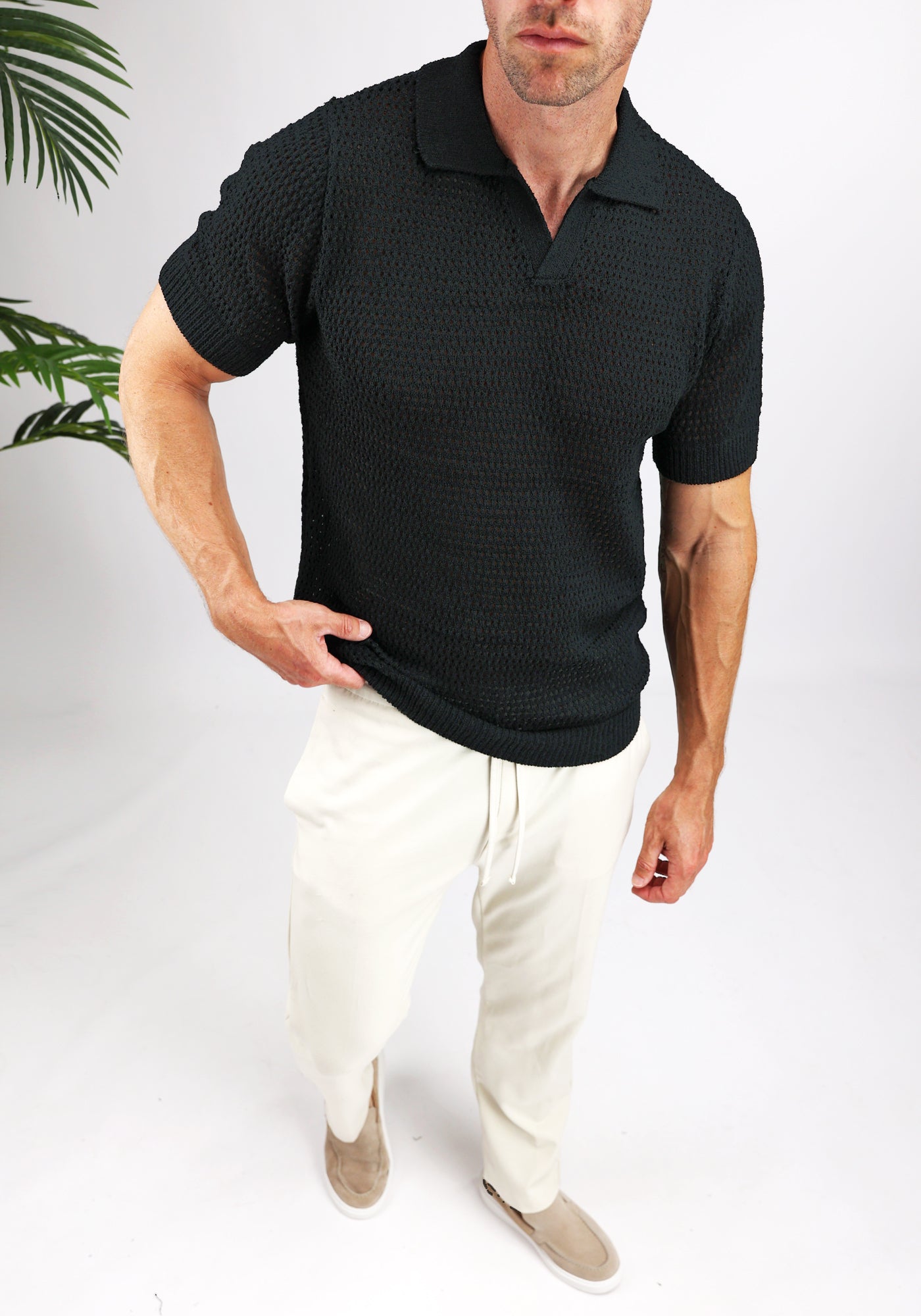 Cotton District HEAVY KNIT POLO T-Shirts BLACK