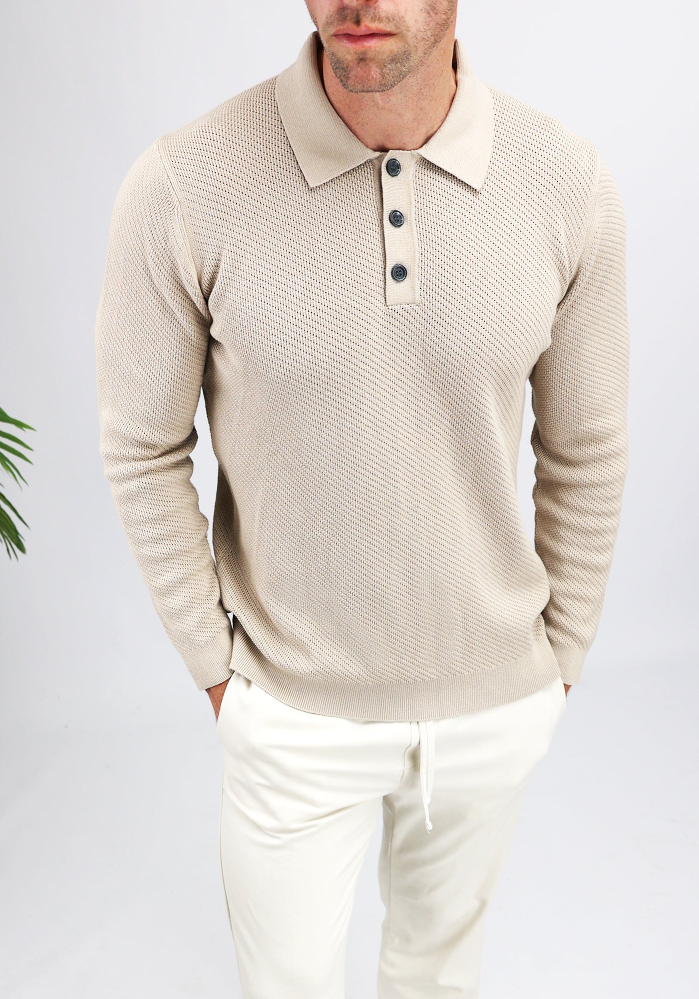 Cotton District LONGSLEEVE KNIT POLO  BEIGE
