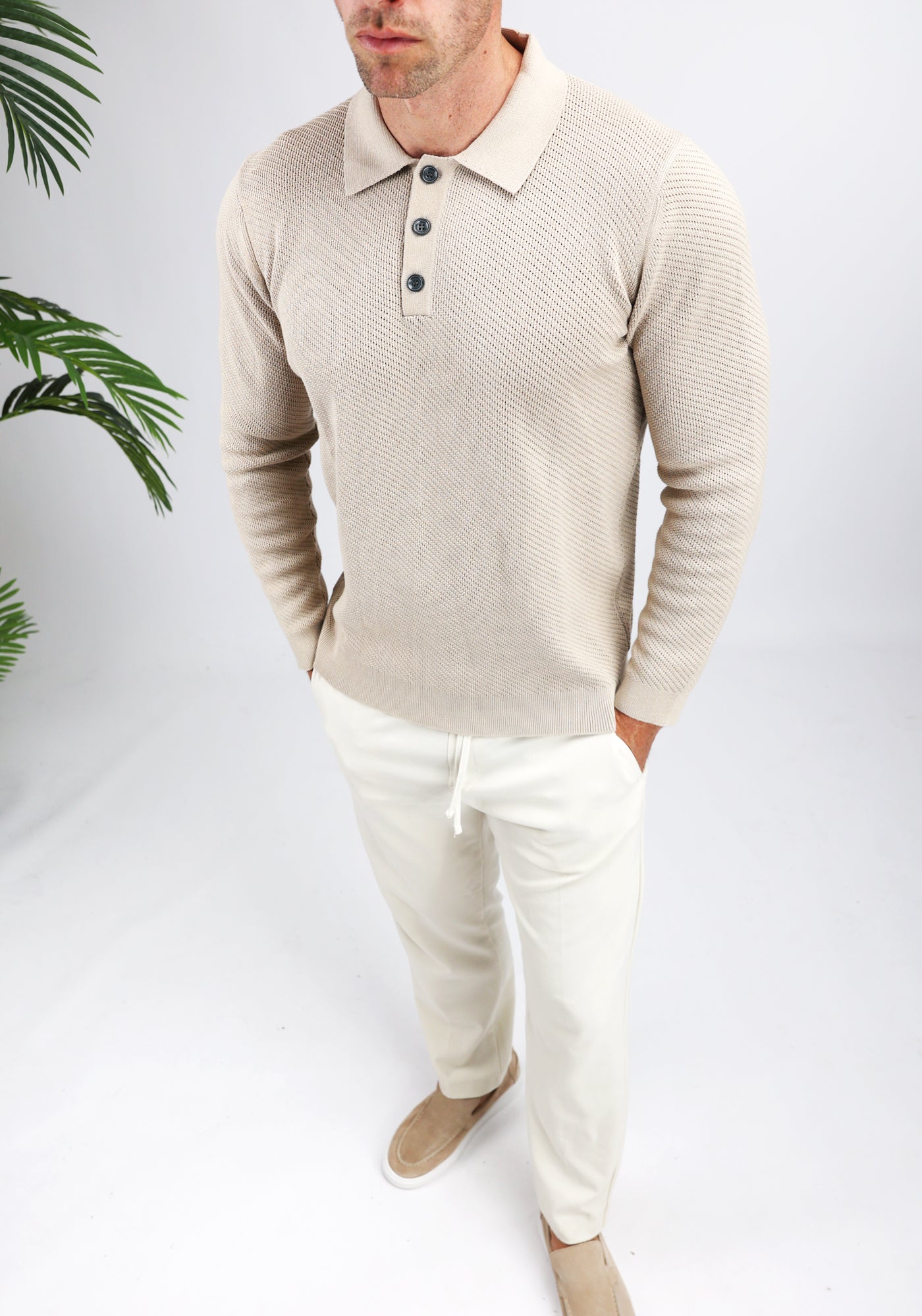 Cotton District LONGSLEEVE KNIT POLO  BEIGE