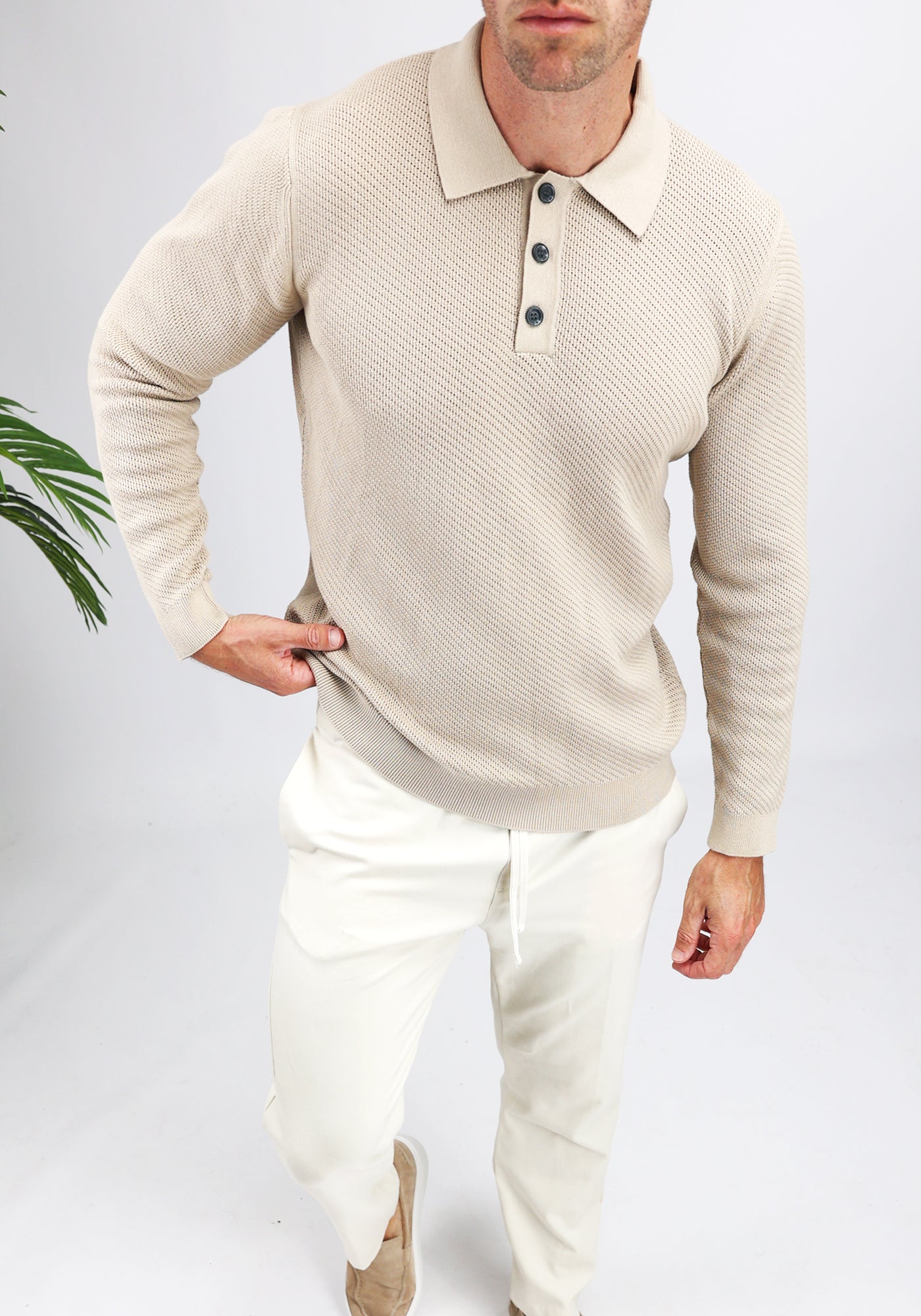 Cotton District LONGSLEEVE KNIT POLO  BEIGE
