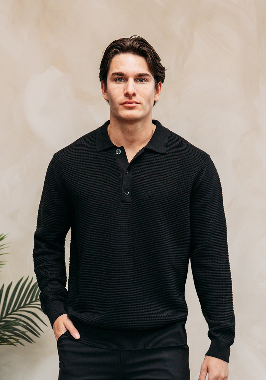 Cotton District LONGSLEEVE KNIT POLO  BLACK