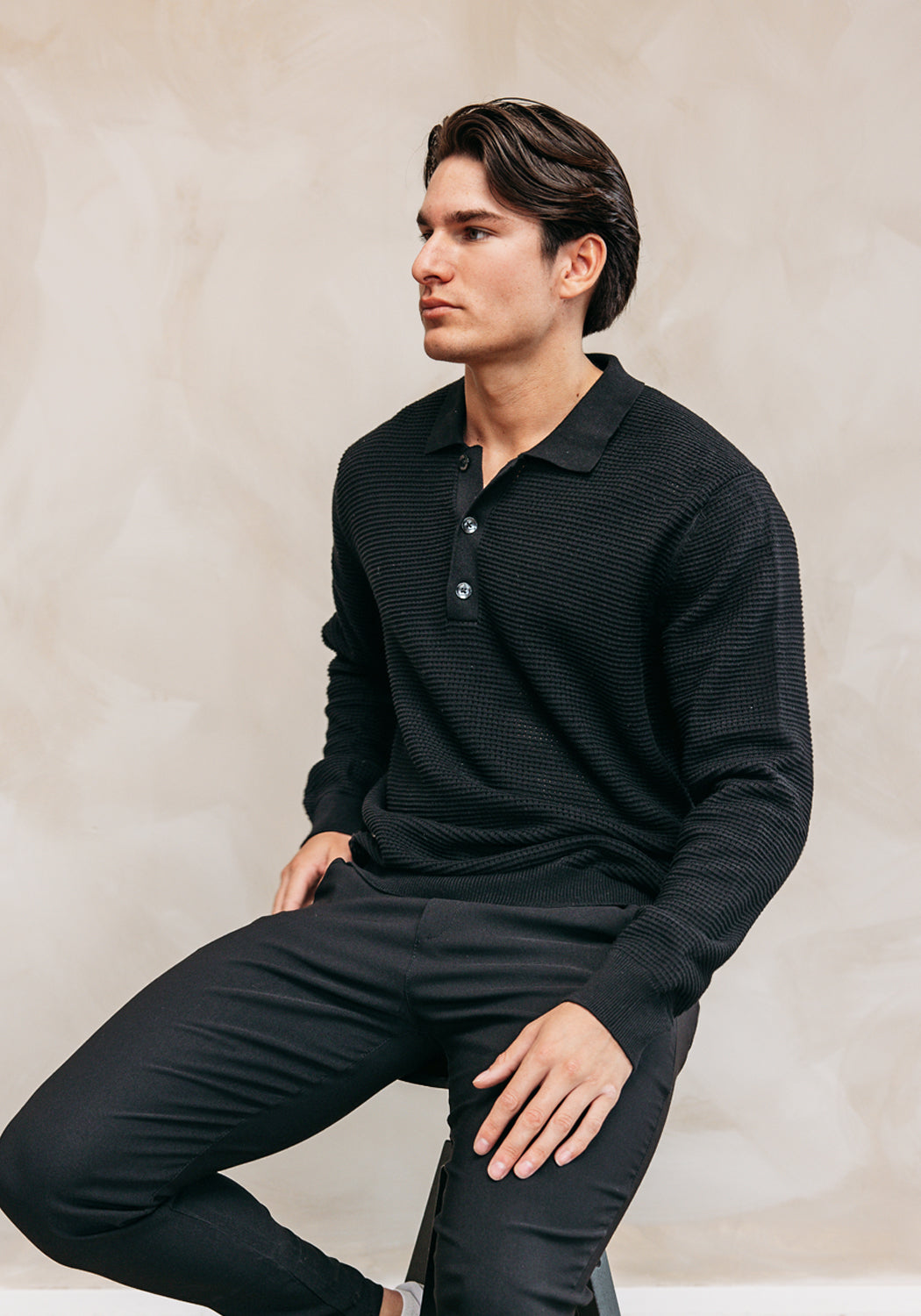 Cotton District LONGSLEEVE KNIT POLO  BLACK