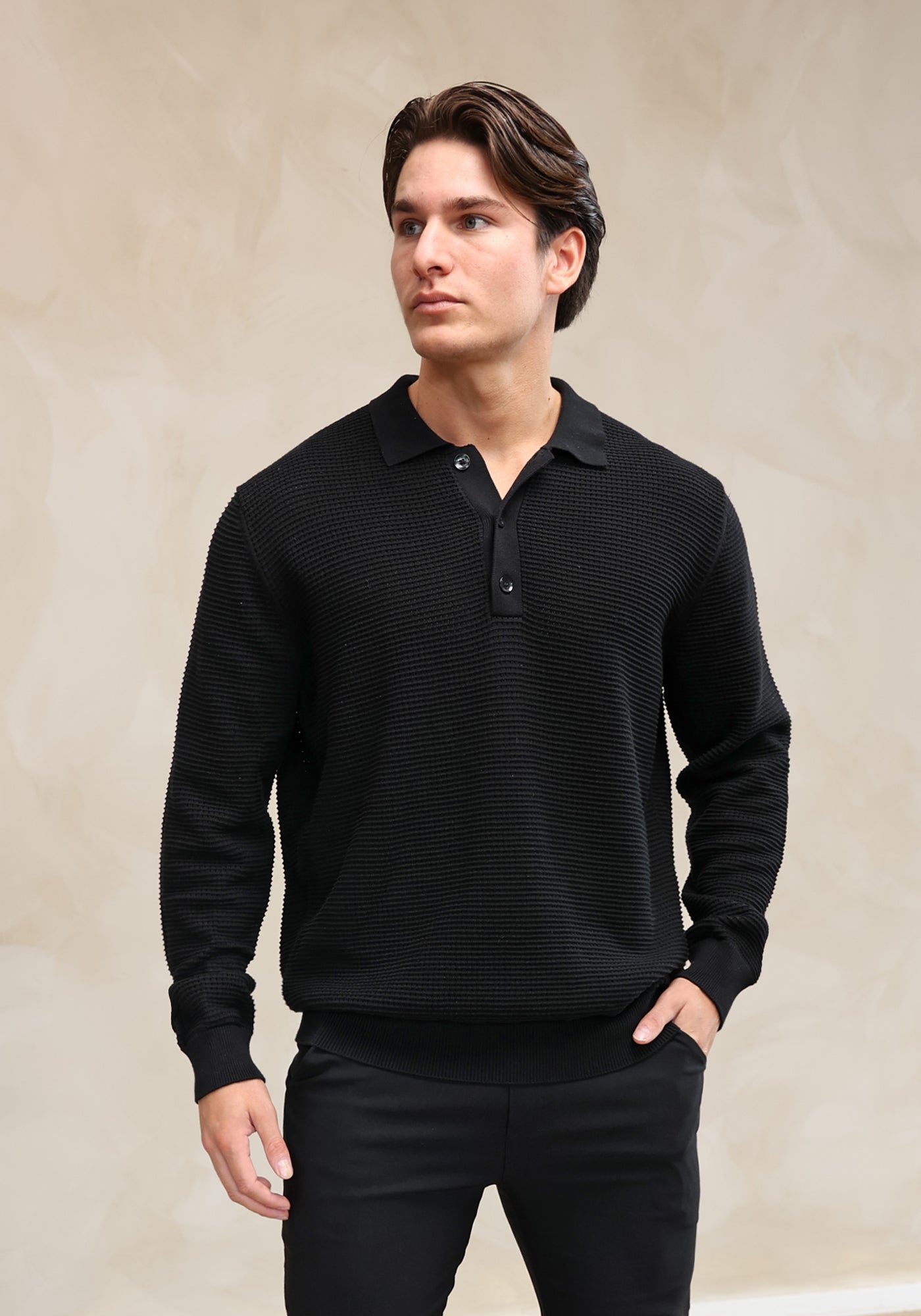 Cotton District LONGSLEEVE KNIT POLO  BLACK