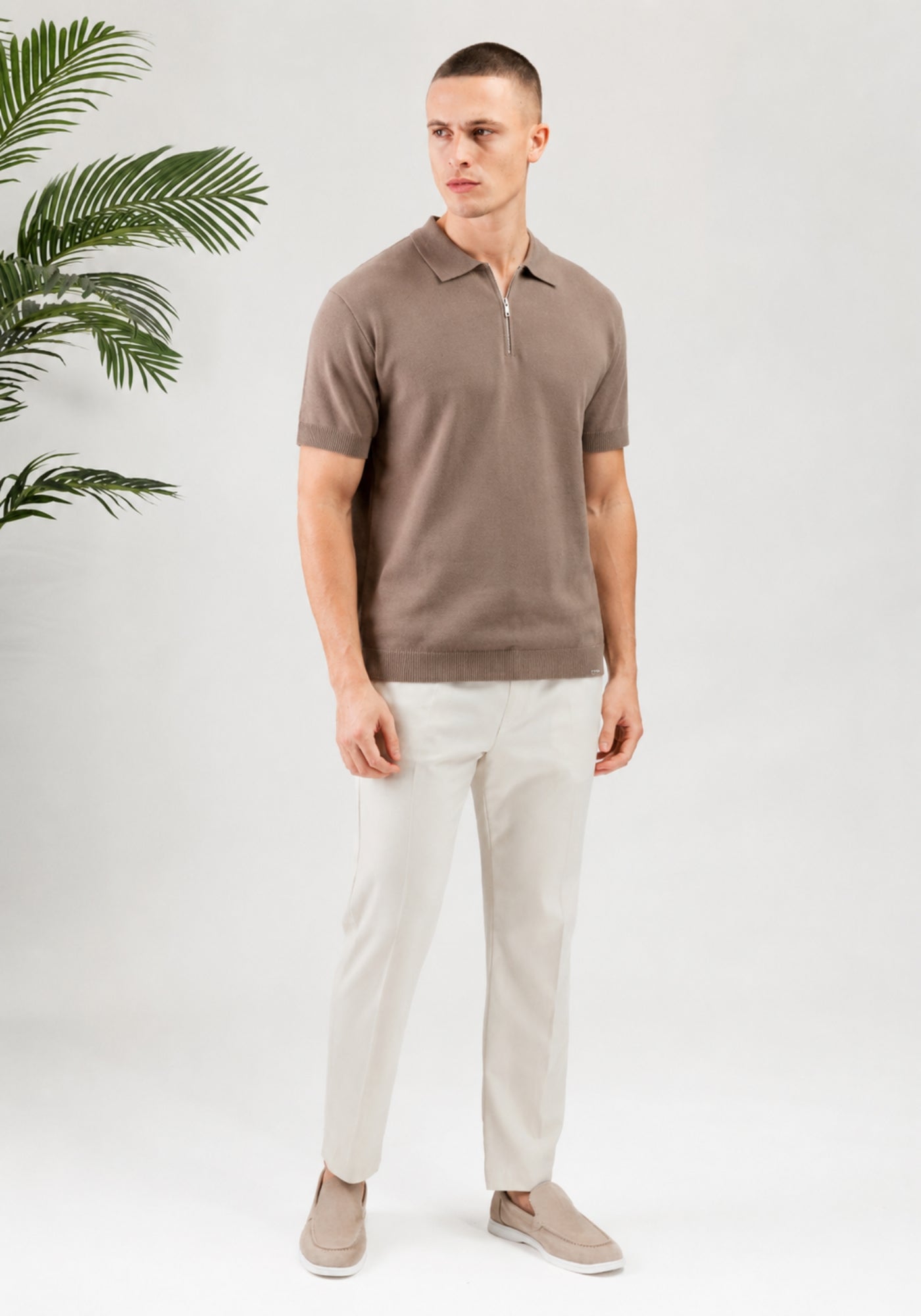 Cotton District MALELIONS MEN KNITTED ZIP POLO Polo's SAGE BROWN