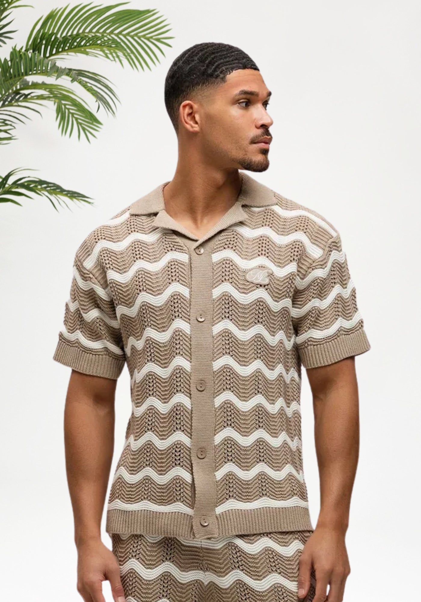 Cotton District Malelions Men Wavey Crochet Knitted Shirt T-Shirts TAUPE