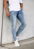 Cotton District TAPERED FIT JEANS  MID BLUE RIPPED