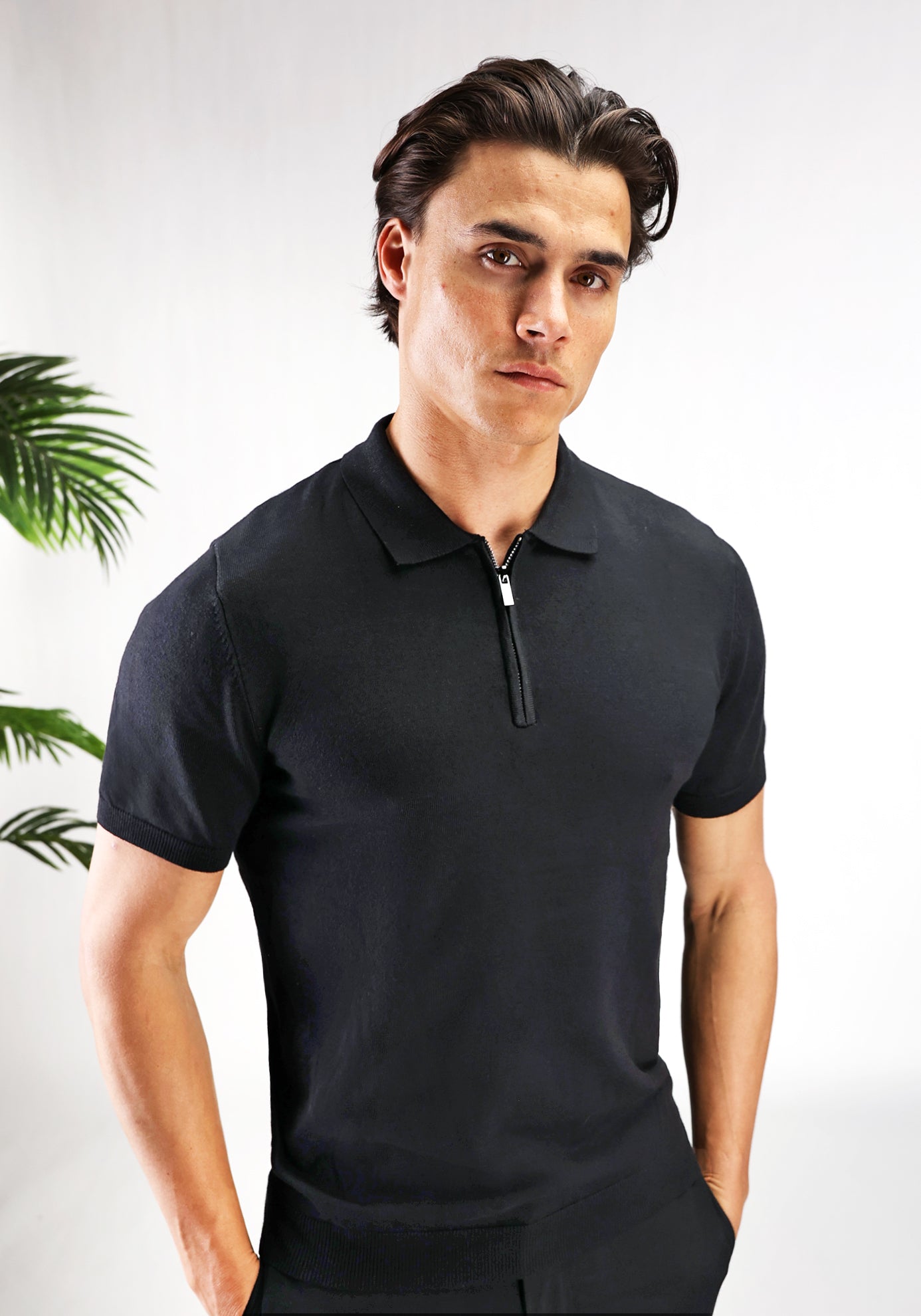 Cotton District ZIP POLO T-Shirts BLACK