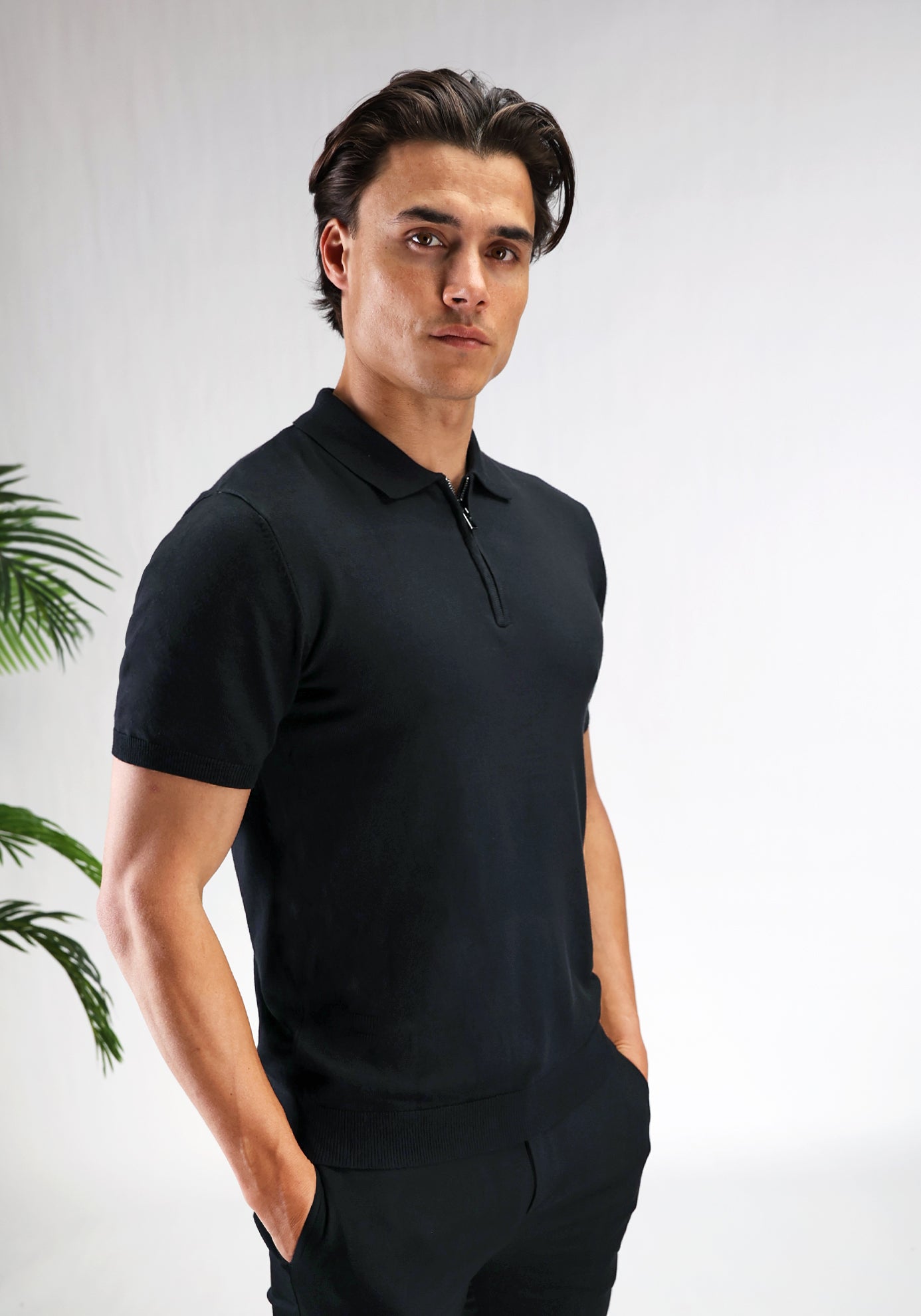 Cotton District ZIP POLO T-Shirts BLACK