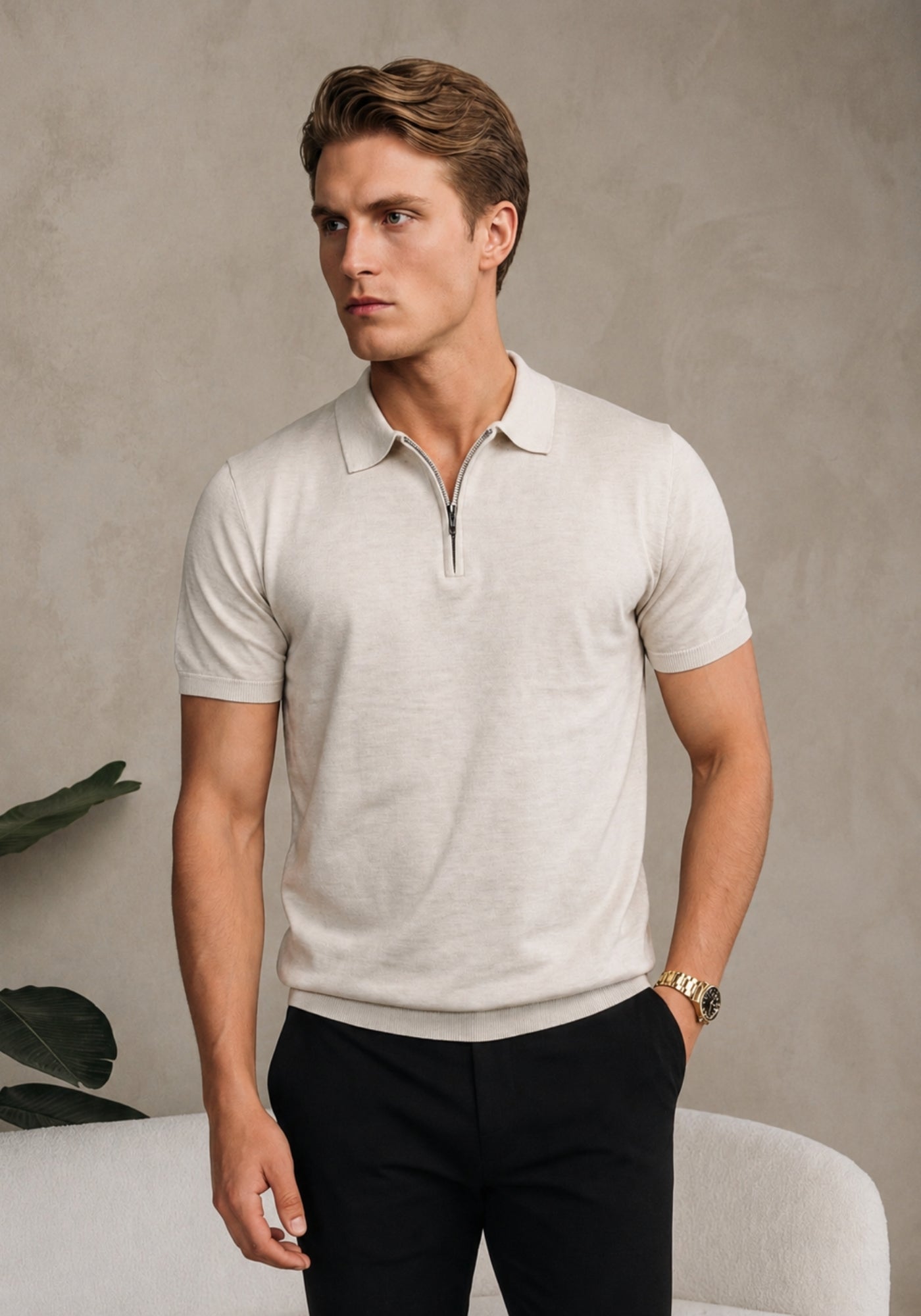 Cotton District ZIP POLO T-Shirts BEIGE MELANGE